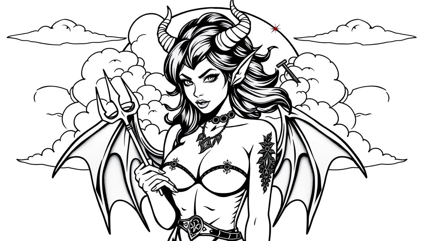 Main art studio: tattoo style black line art vector of sexy devil girl upper body in cloud with horns and trident