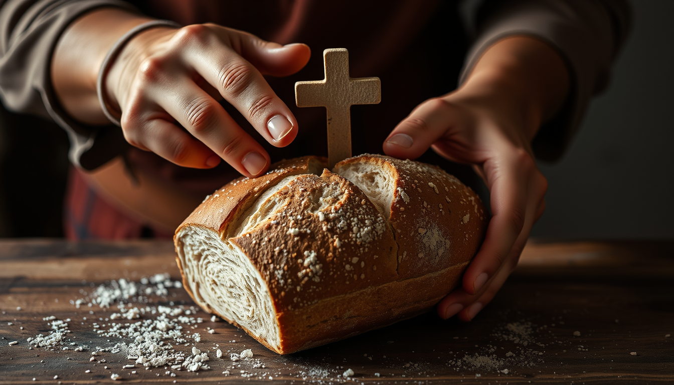 Main art studio: hands breaking a loaf of bread with a cross