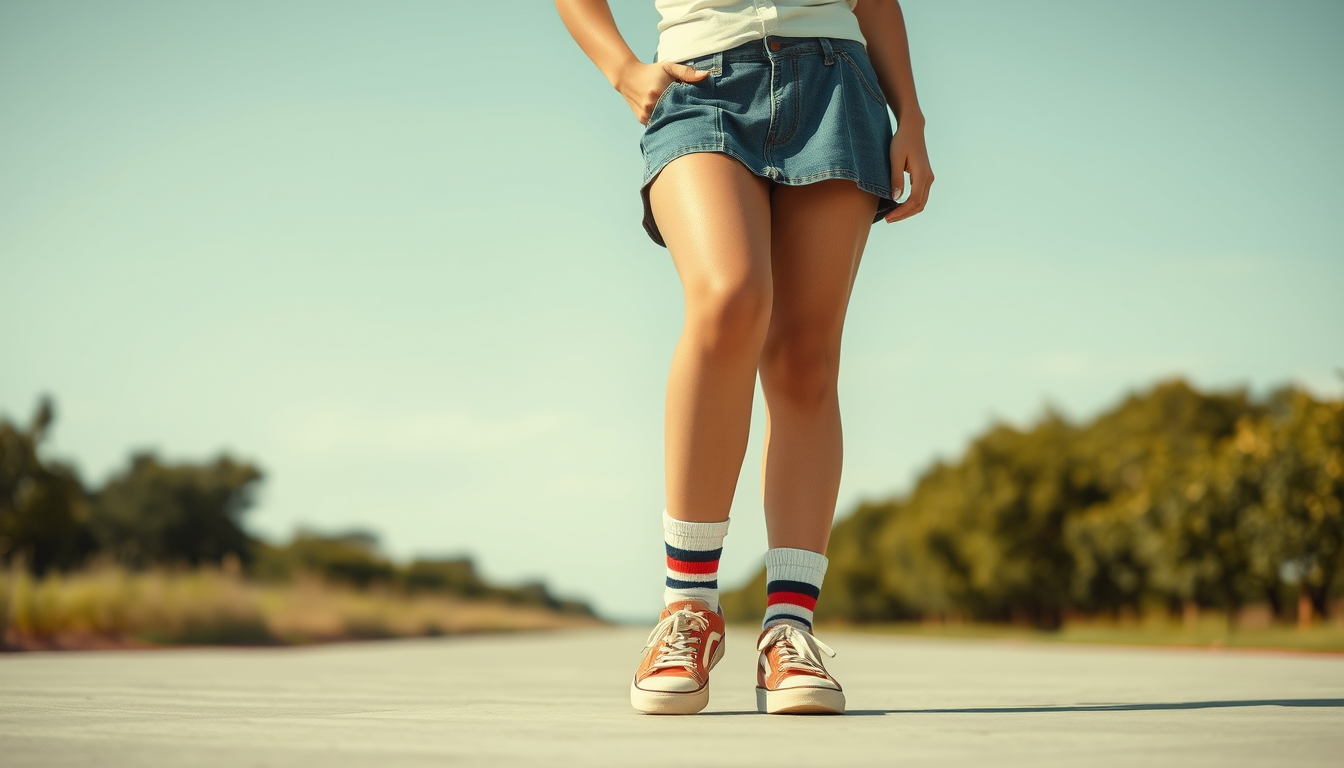Main art studio: A tall girl with big thighs, small skirts, t shirt and remove shoes and socks