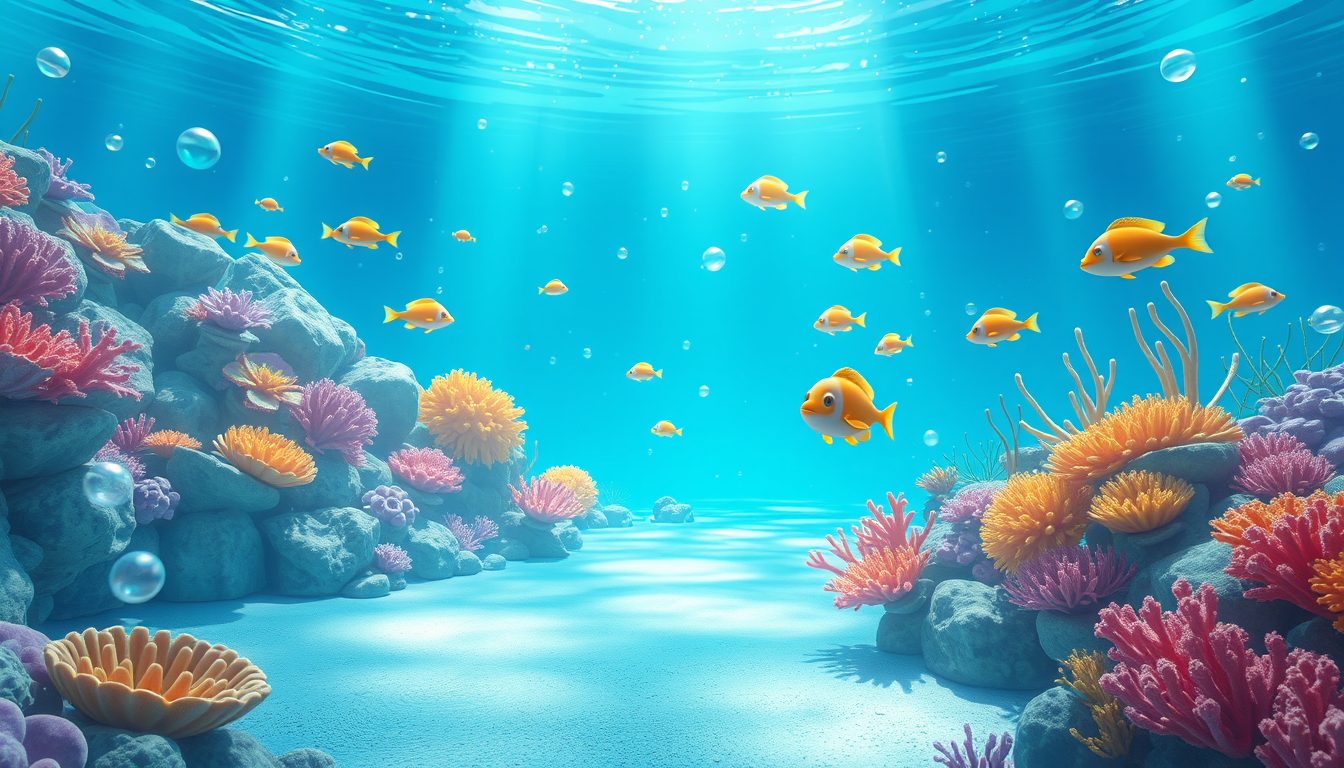 AI Art prompt example created from the prompt: A magical underwater world designed for a children's photography game, bright turquoise water, colorful coral reefs, friendly fish swimming