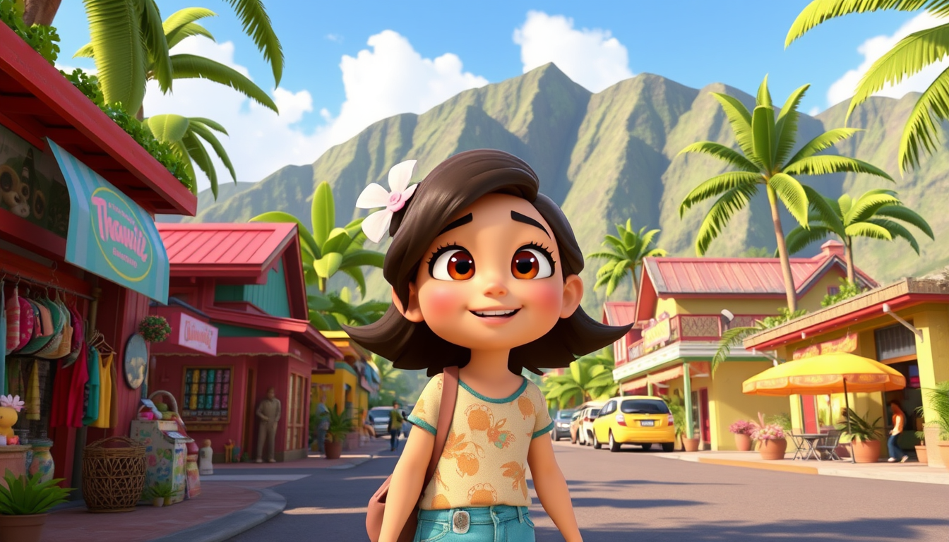 Main art studio: Scene 4: Chloe exploring a Hawaiian village, colorful shops, local streets, tropical scenery, browsing souvenirs, cute 3D cartoon movie style.