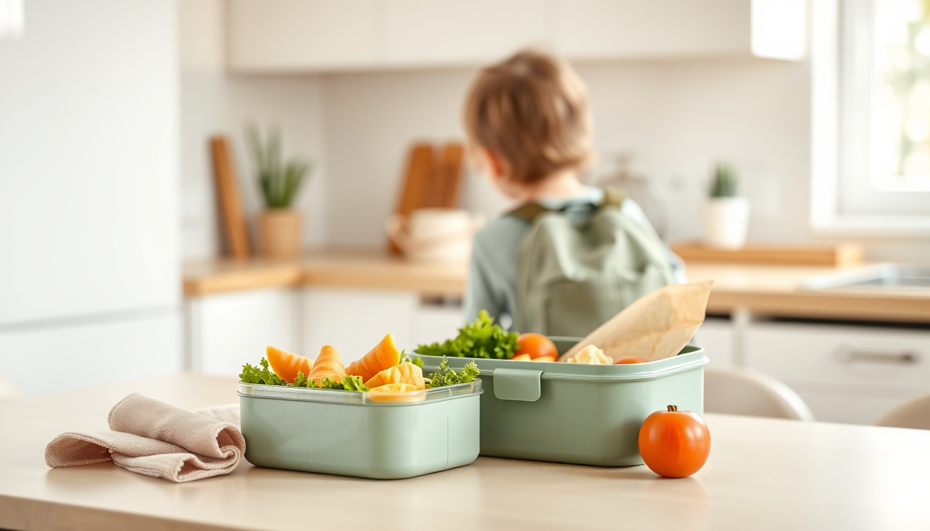 Main art studio: Photorealistic premium brand photograph for a German children's lunchbox delivery service. A beautifully prepared reusable children's lunchbox with fr
