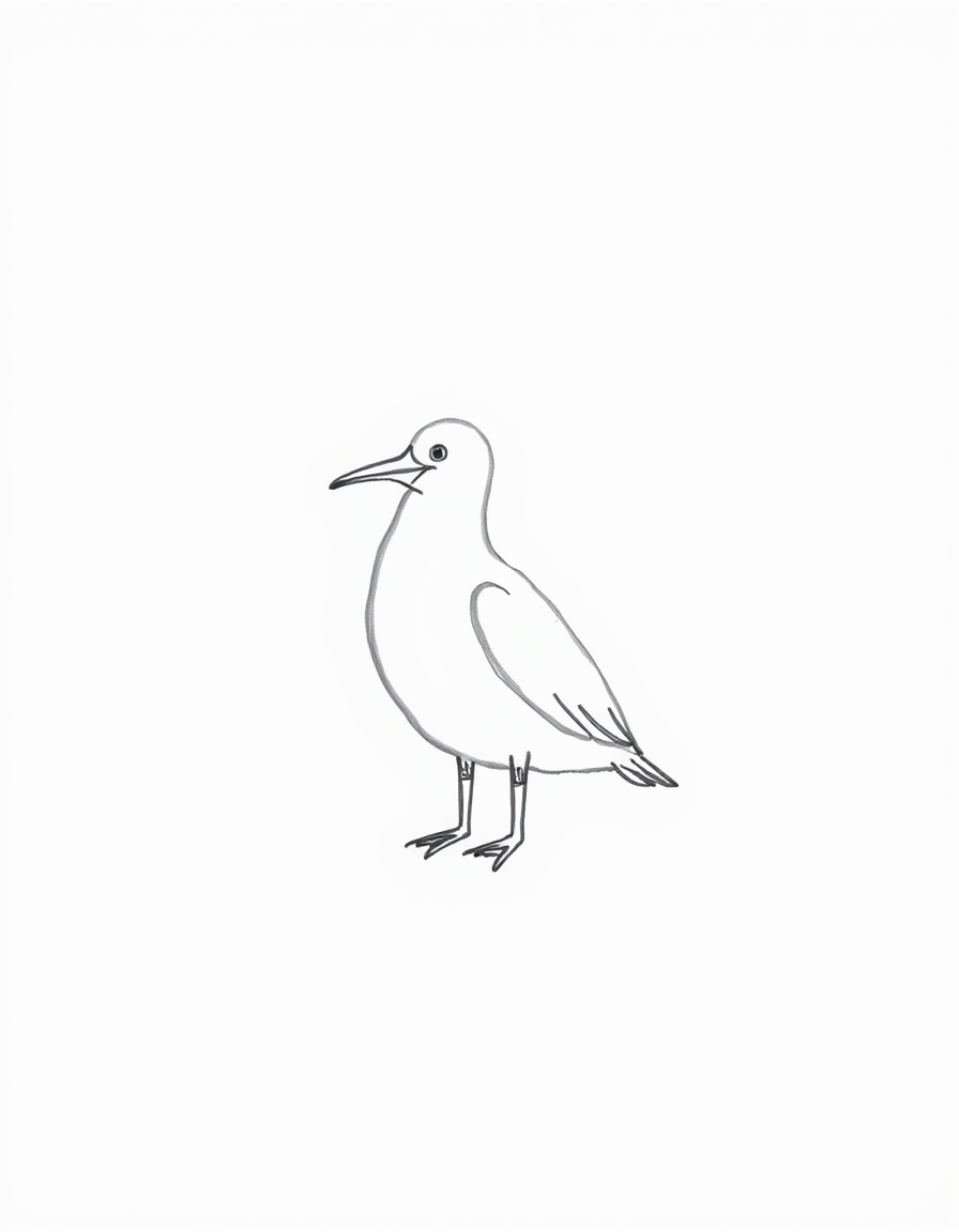 Main art studio: > Very minimalist black and white pencil sketch of a single albatross standing alone, drawn with rough thin childlike pencil lines, simple cute shape,
