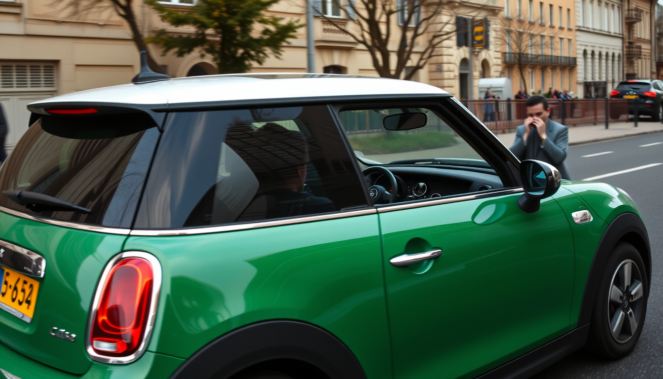 Main art studio: image ultraréaliste en france avec une mini cooper verte vue de côté dans un environnement francais, une femme au volant, et sur les trottoirs derrièr