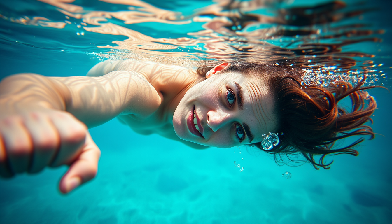 Main art studio: Create an ultra-realistic photo of me swimming underwater. Keep my face, facial features, body shape, hair and identity exactly the same as in the ref