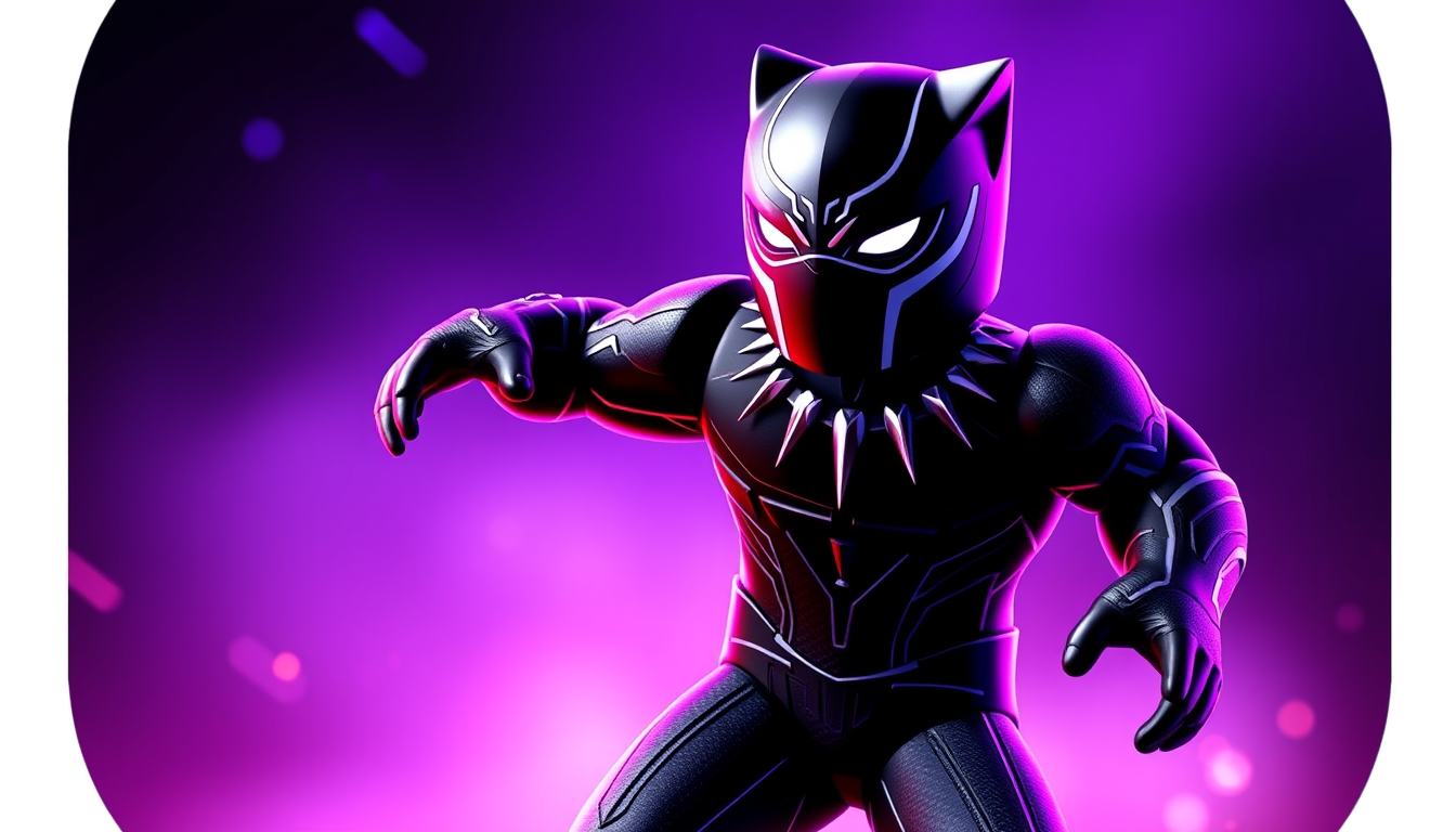 Main art studio: “Black Panther superhero in a Roblox-inspired 3D game icon, dramatic black and purple lighting, dynamic pose, cinematic effects, square 1:1 app icon.”