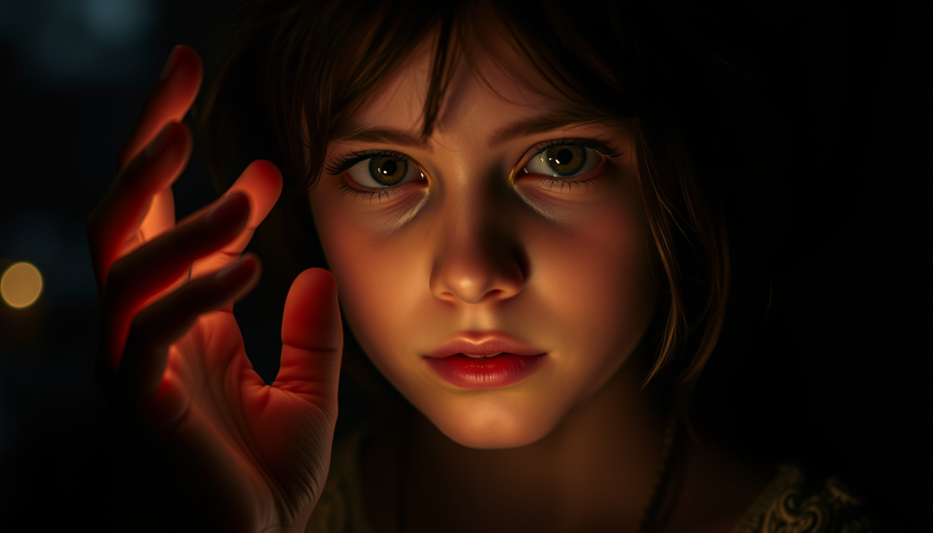 Main art studio: Hyperrealistic image, girl in Dark in hand has Hidden cadle which is lighting her face,