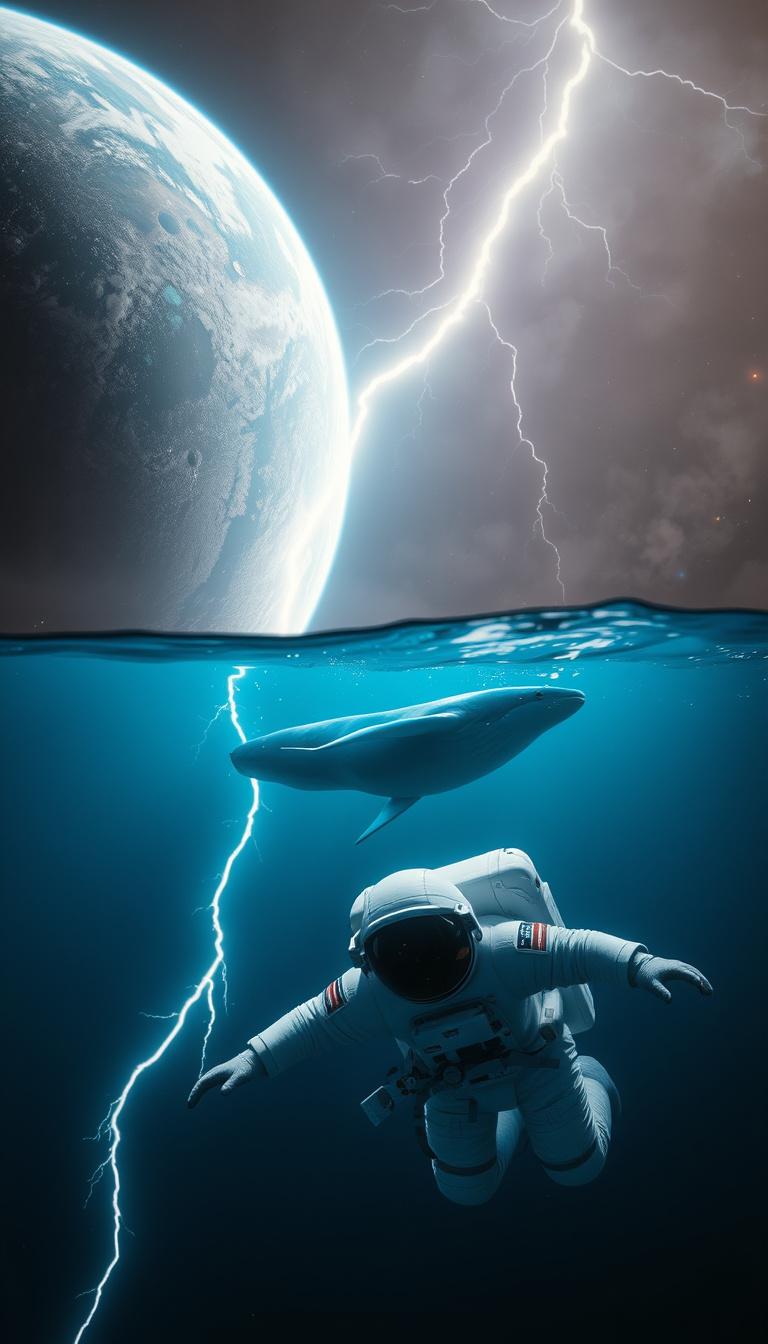 Main art studio: Ultra-realistic cinematic montage. Fast cuts of Earth from space, lightning striking, a blue whale swimming underwater, and an astronaut floating in s