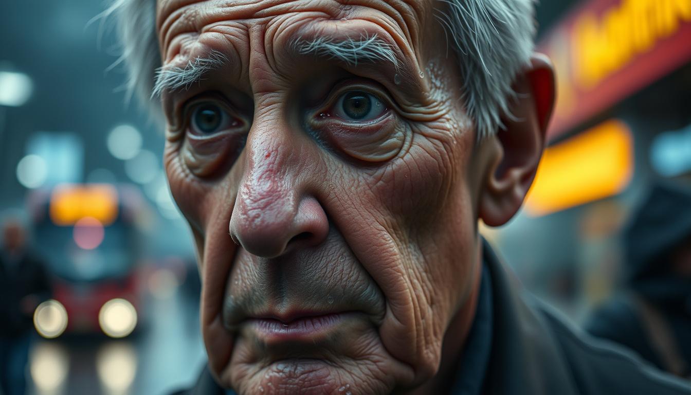 Main art studio: Close-up of an elderly man's emotional face as he looks toward every passing stranger, hope and sadness in his eyes, rain drops on his face, blurred b