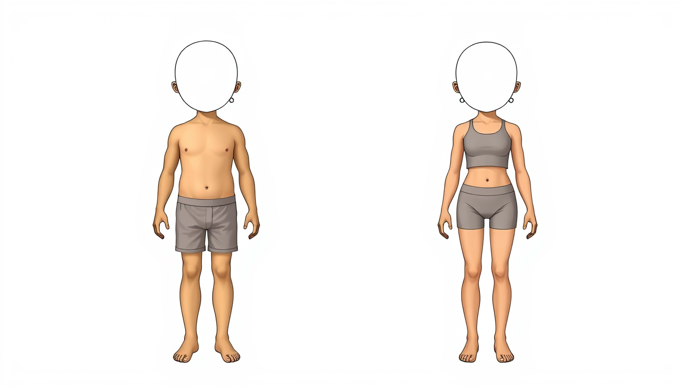 AI Art prompt example created from the prompt: Two realistic full-body paper dolls, a boy and a girl, side by side. Natural skin-colored skin, NOT white or gray. Both have completely bald