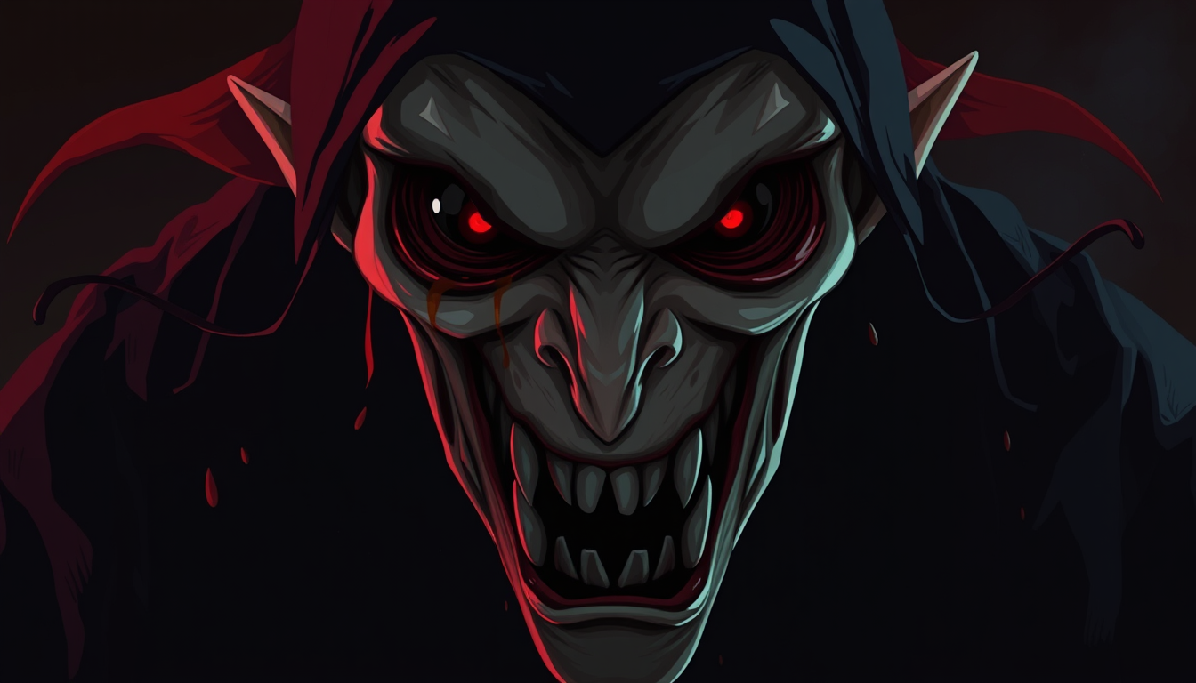 Main art studio: Um vampiro gigante e assustador para um jogo 2D de terror, com a boca escancarada, caninos extremamente longos e afiados, olhos completamente pretos c