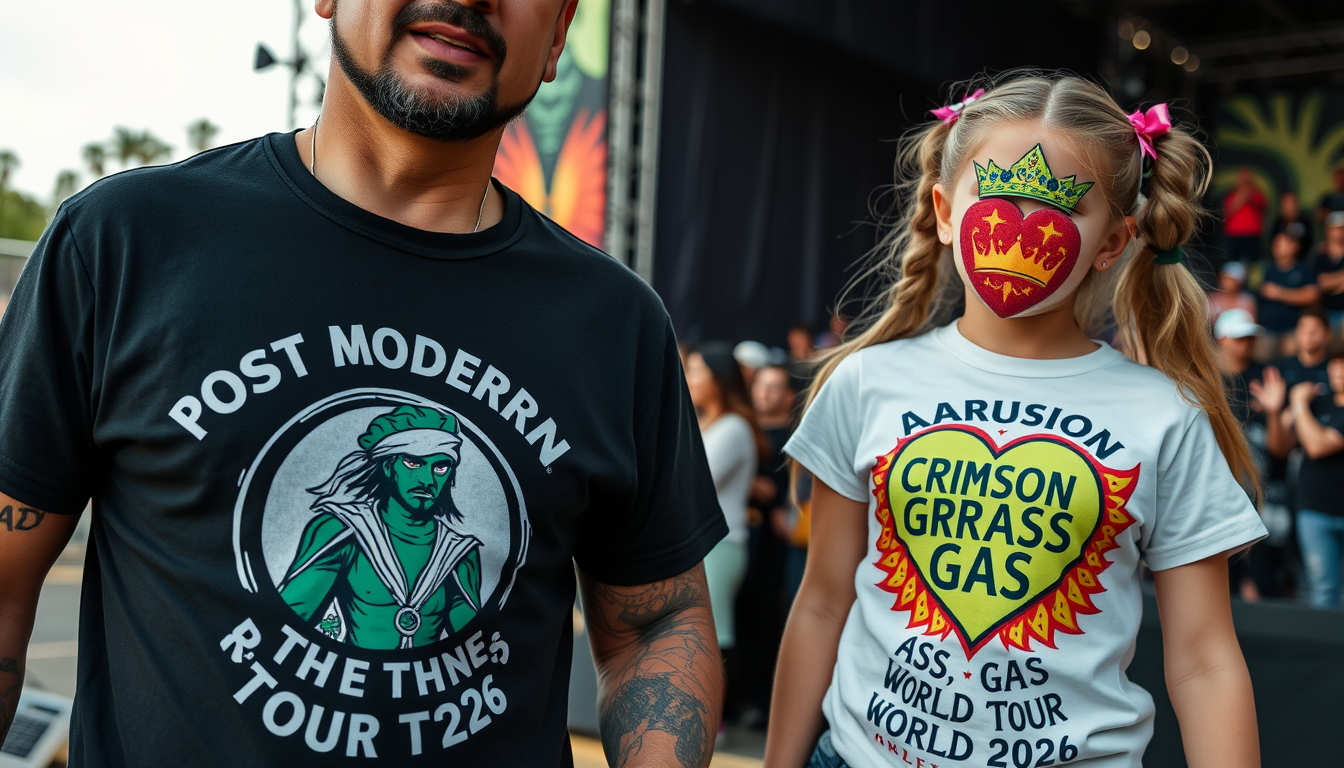 Main art studio: A man with a concert shirt on that has the words POST MODERN PROMETHEUS around a picture Green Man with the words "CREATING THE WORLD TOUR 2026" on it