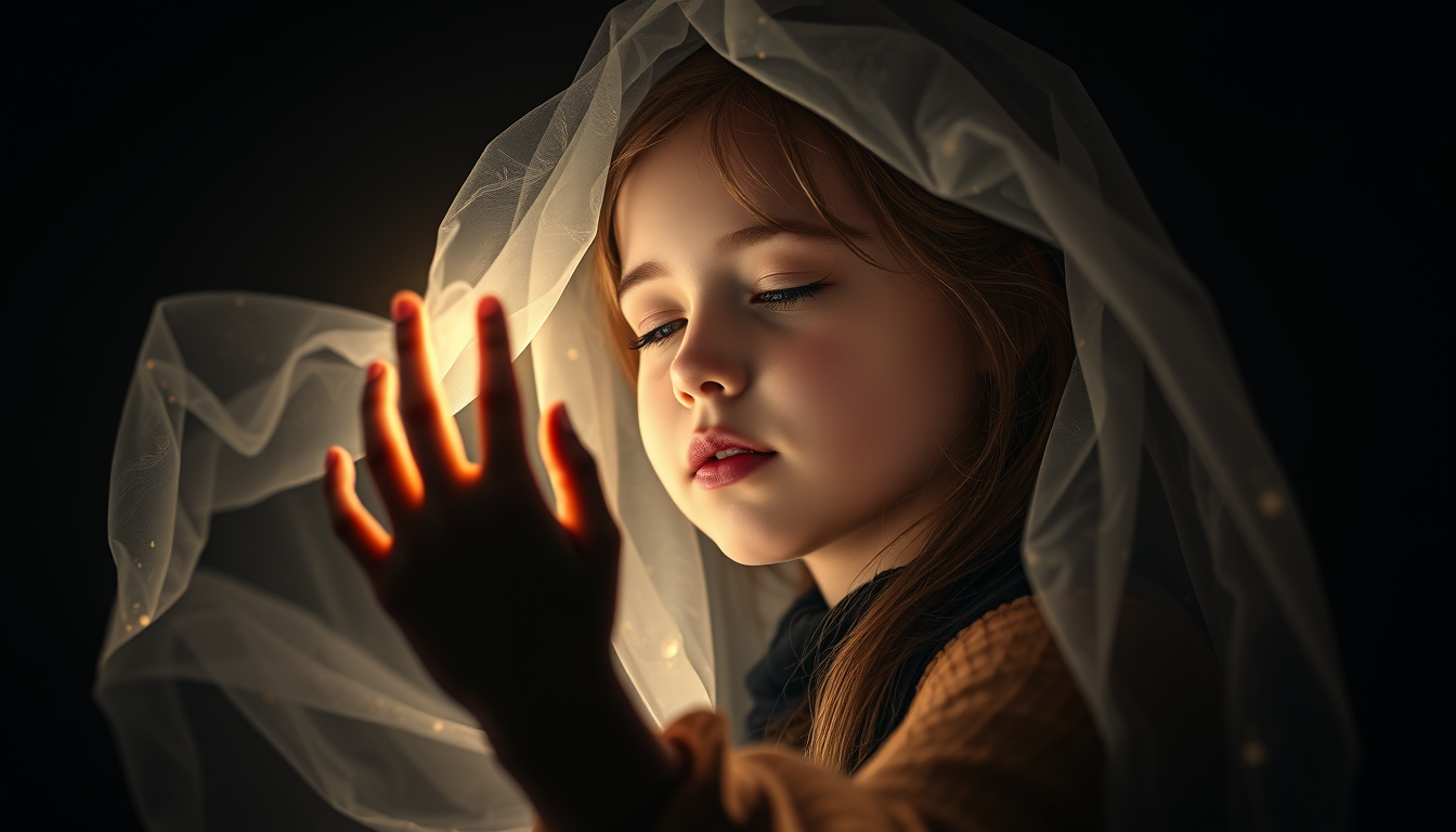Main art studio: Hyperrealistic image, girl in Dark in hand has Hidden cadle which is lighting her face, in the Dark ís spirit od her mother but ísť o ly transparent b