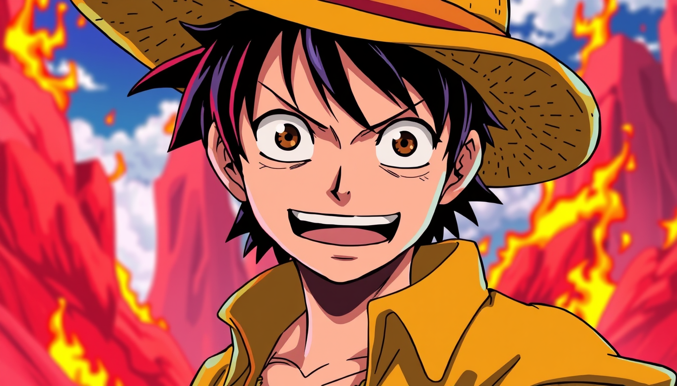 Anime idea: anime style, vibrant colors, expressive eyes, Luffy red rock fire background , detailed anime illustration