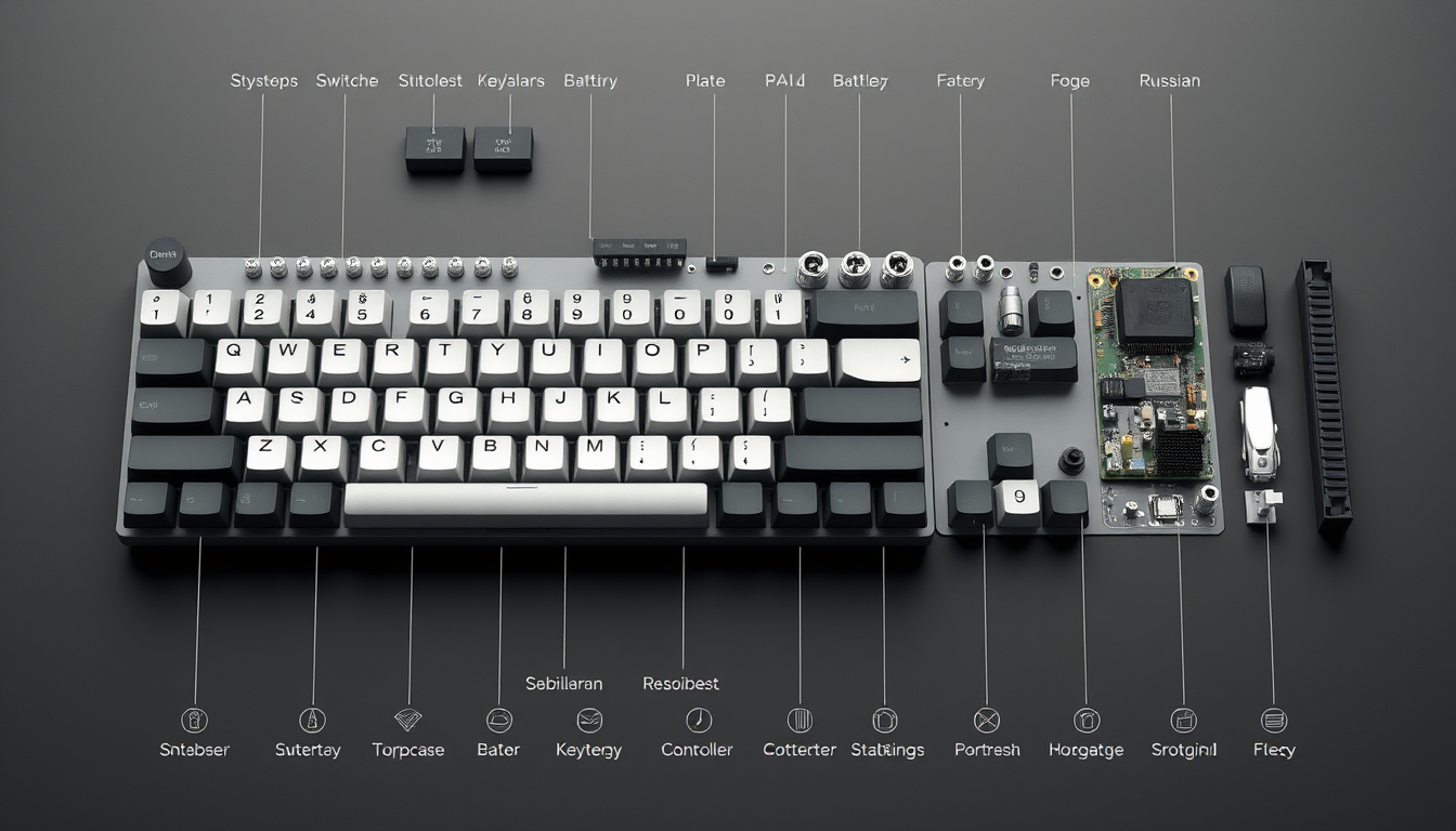 Main art studio: /explodedview Create a highly detailed 3D exploded-view of a modern computer keyboard. Separate all components in precise assembly order: keycaps, swi