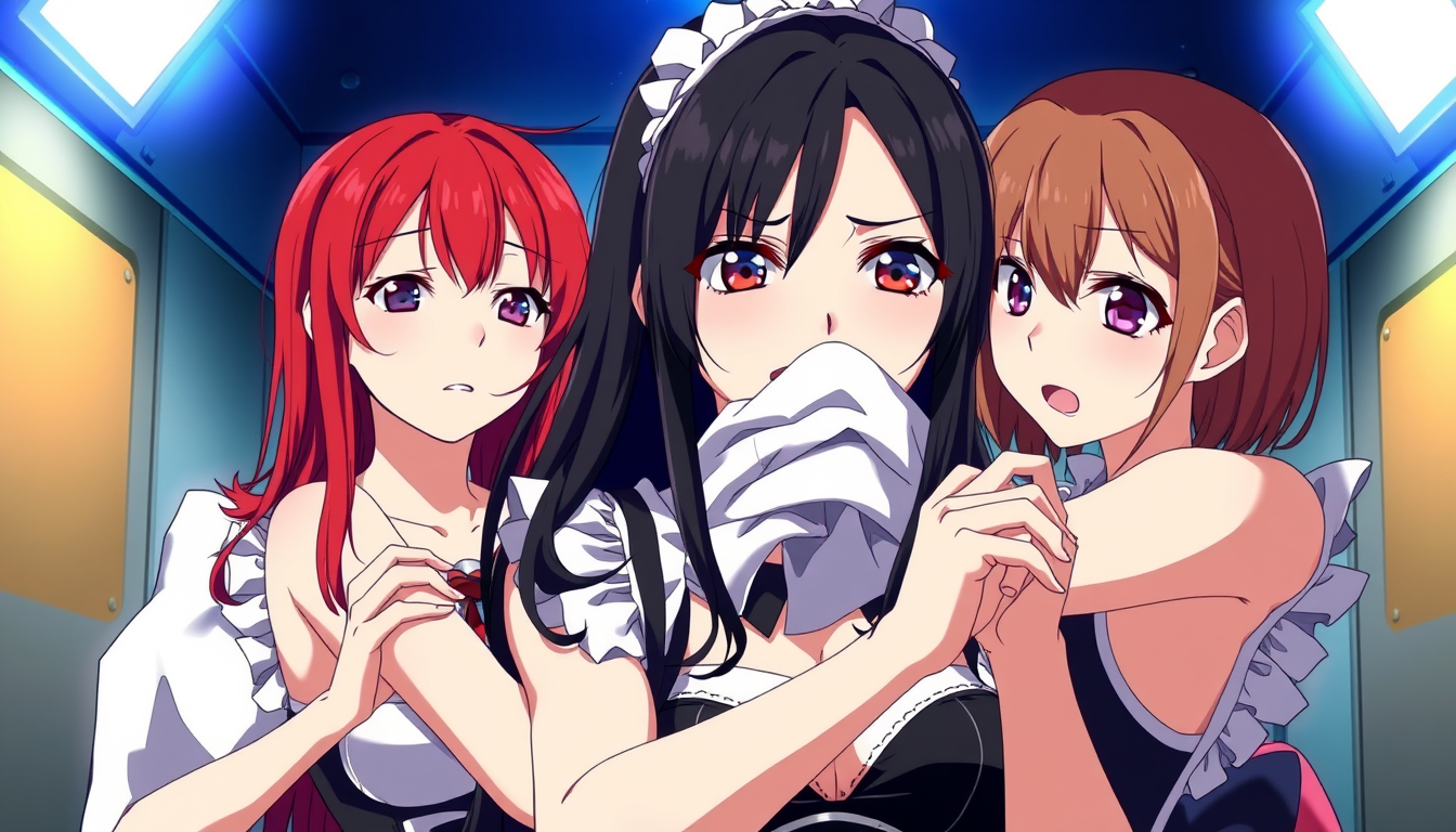 Anime idea: anime style, vibrant colors, expressive eyes, A mature anime girl with long black hair is having a cloth soaked in anesthetic pressed over her mouth b