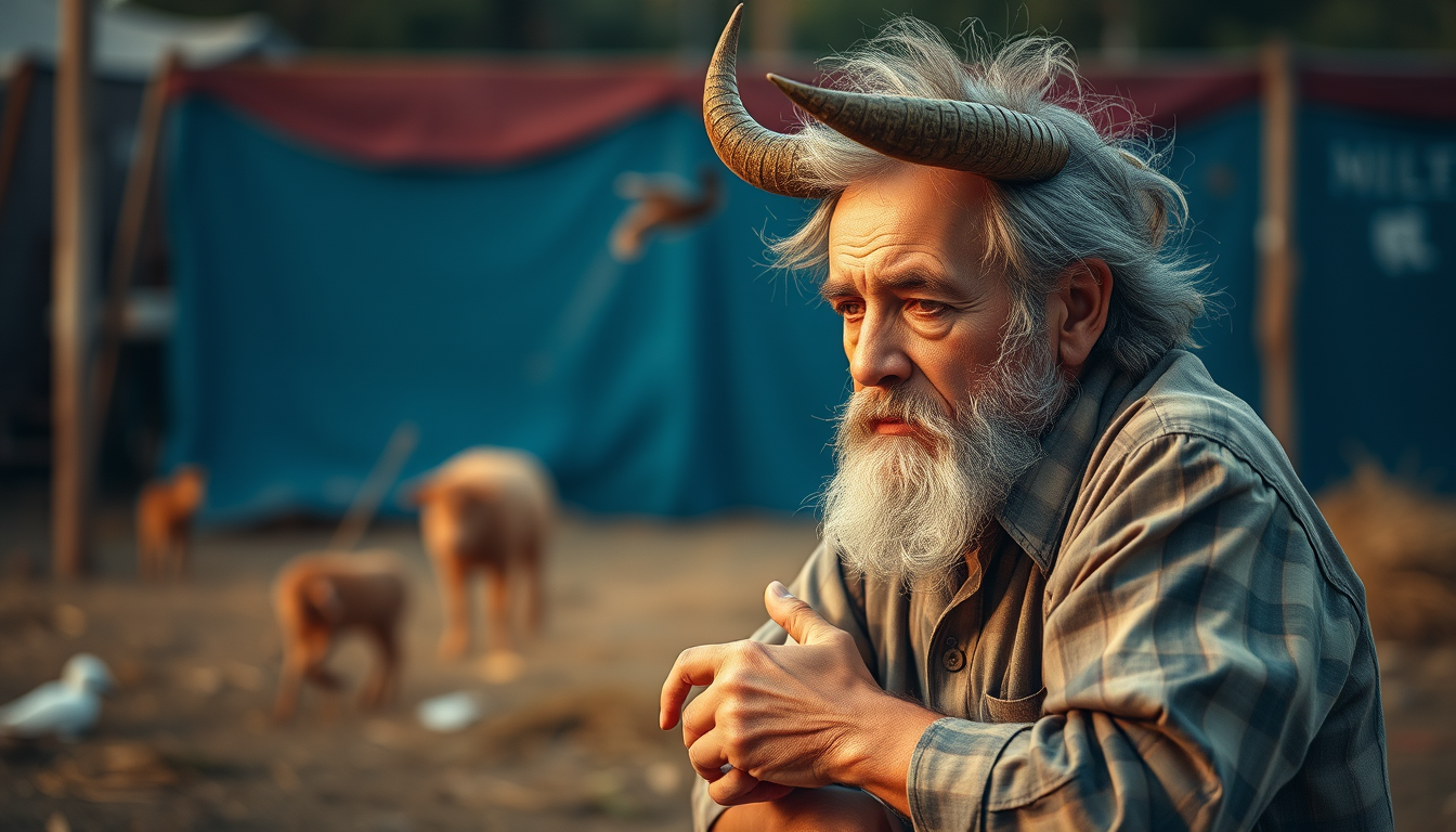 Main art studio: un anciano enojado y malhumorado quejandose. Realista