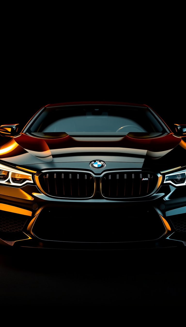 Main art studio: A black BMW M-series under dramatic golden studio lighting, glossy paint, gold reflections, deep black background, powerful front grille and headlight