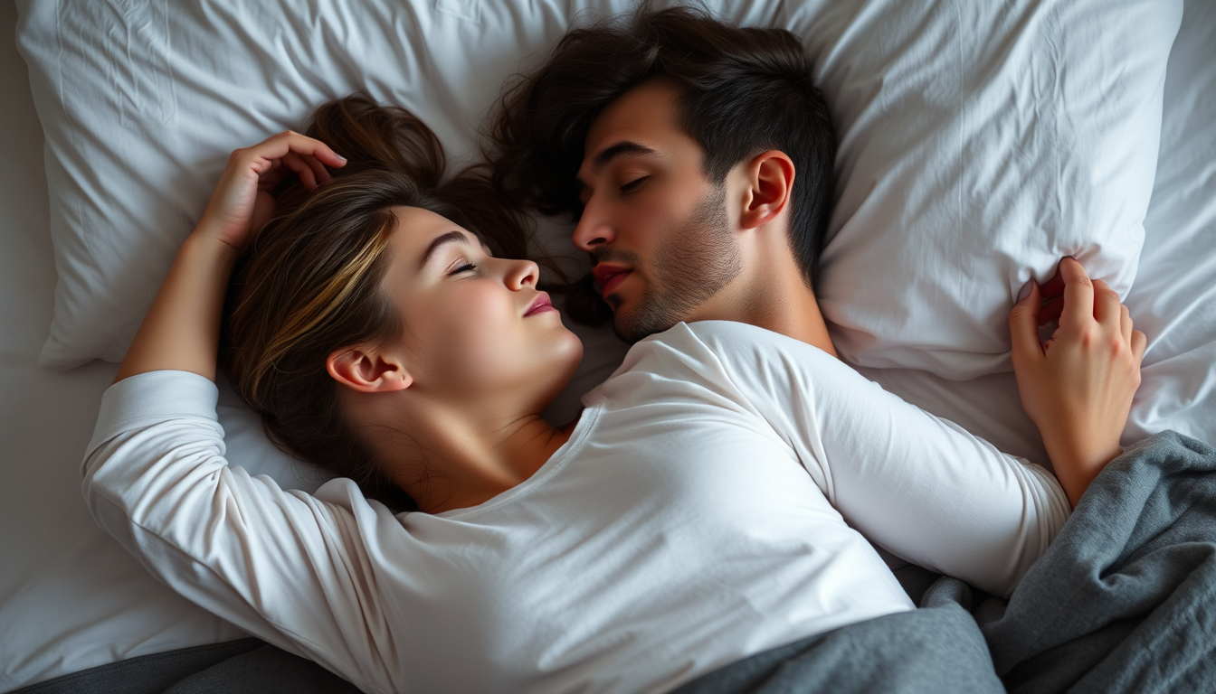 Main art studio: A girl is giving a man a lip kiss while lying on a bed.