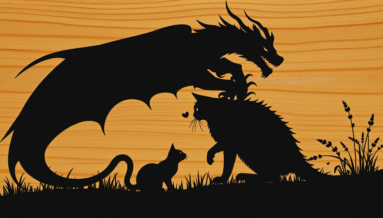 AI Art prompt example created from the prompt: ein silhouete bei der ein drache sich um eine katze wickelt. ich will es auf ein holz übertragen können