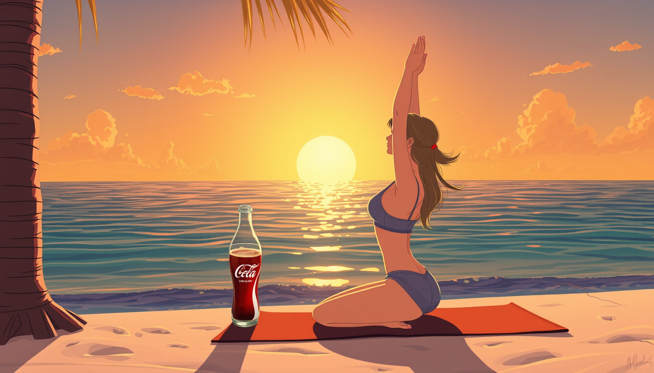 Main art studio: Ciao, mi crei un'immagine di una ragazza che fa yoga al tramonto, mentre beve una Coca-Cola in vetro al mare a Formentera stile cartone animato con ca