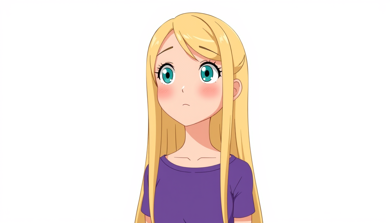 Main art studio: A single girl as an animated movie character. She has long, straight blonde hair, but not an overly bright or yellow blonde. Her hair should be comple