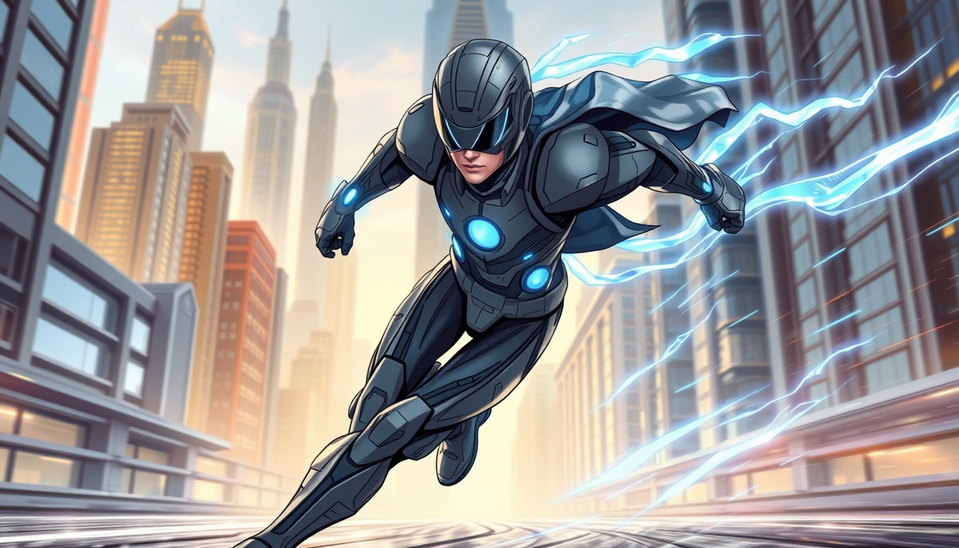 Main art studio: Original superhero named Time Runner, a super-speed hero sprinting through a futuristic city, sleek gray and electric-blue armored suit, glowing blue