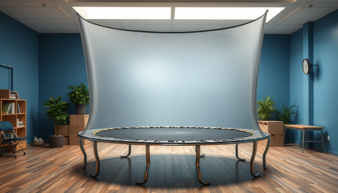 Main art studio: mache ein bild wo ein grosses trampolin in einem klassenzimmer ist ohne ein netz am rand