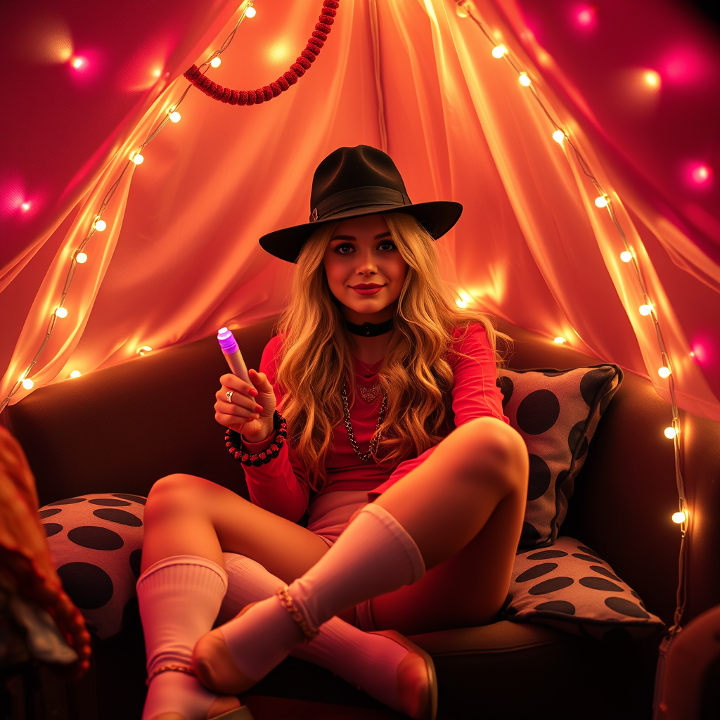 Main art studio: ein erfundenes Gold blondes Mädchen sitzt in einem gemütlichen, neonbeleuchteten Fan-Zimmer, umgeben von Michael-Jackson 90er-Popstar-inspirierten Pos