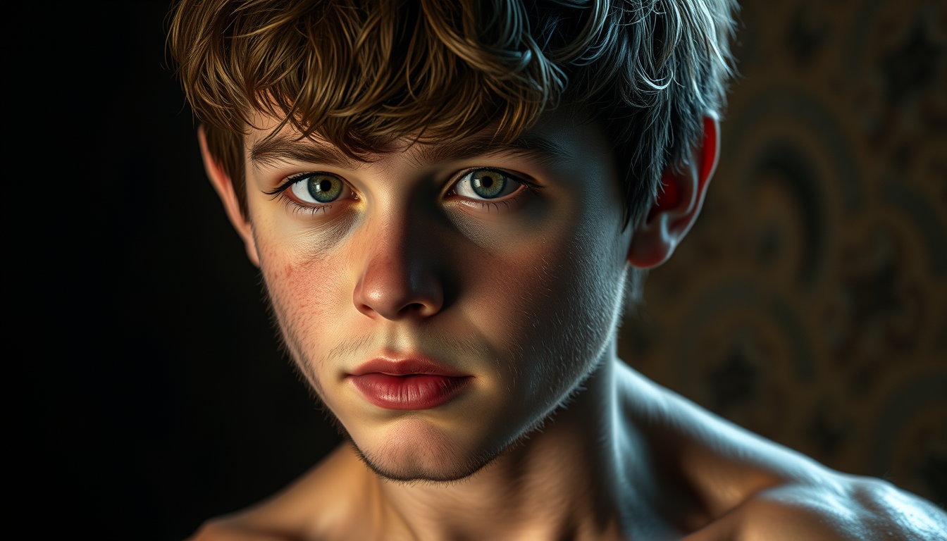 Realistic Images idea: photorealistic generated image, natural materials and skin texture, physically plausible lighting, very hairy body adolescent boy , coherent depth, re