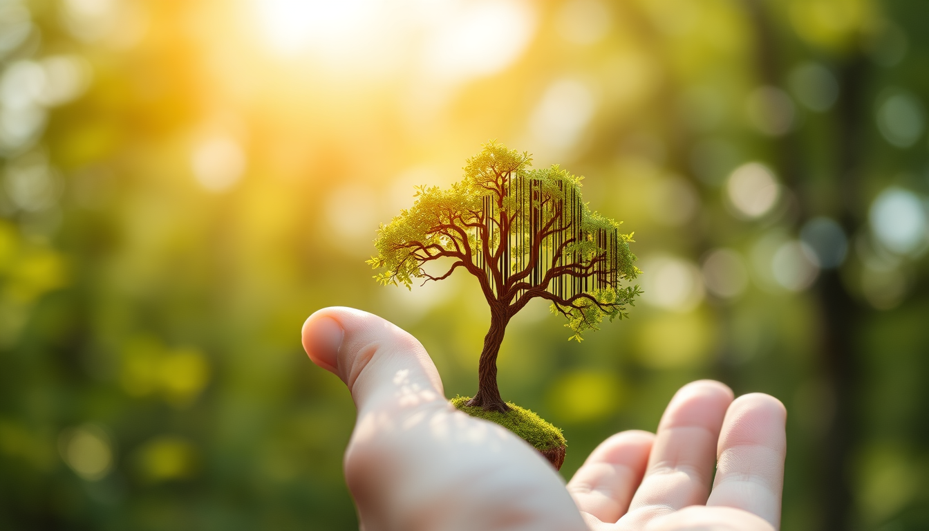 Main art studio: eine hand hält ein kleinen baum, der baum ist zur hälfte ein Binärcode
