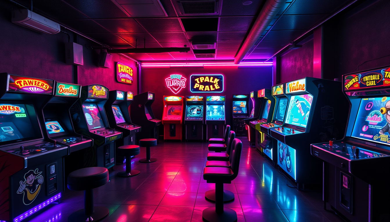 Main art studio: necesito una sala de juegos arcade, con luces de neon, sin sillas, las maquinas un poco mas de frente y que tambien tengan neon, mejorar el piso y el 