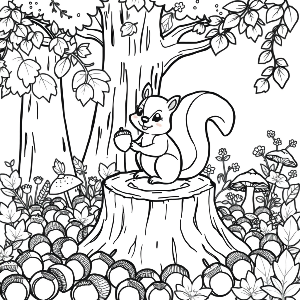 Main art studio: A cute squirrel sitting on a tree stump surrounded by many acorns. Large trees, leaves, mushrooms and small flowers are in the background. The squirre
