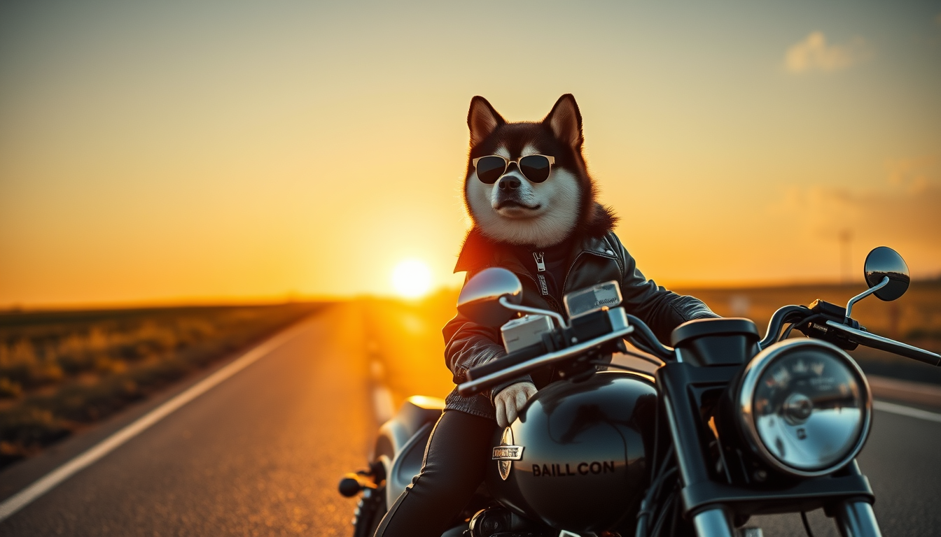 Main art studio: Ein cooler, selbstbewusster schwarz-weißer Shiba Inu sitzt auf einer klassischen schwarzen Harley-Davidson, trägt eine schwarze Lederjacke und eine du