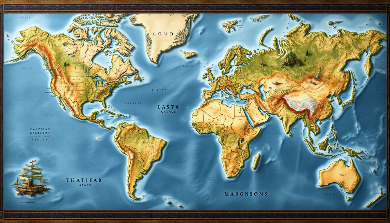 Fantasy Maps idea: a readable fictional world map with coherent coastlines, terrain regions, routes, and landmarks, deliberate composition, Mapa grand , polished image, 