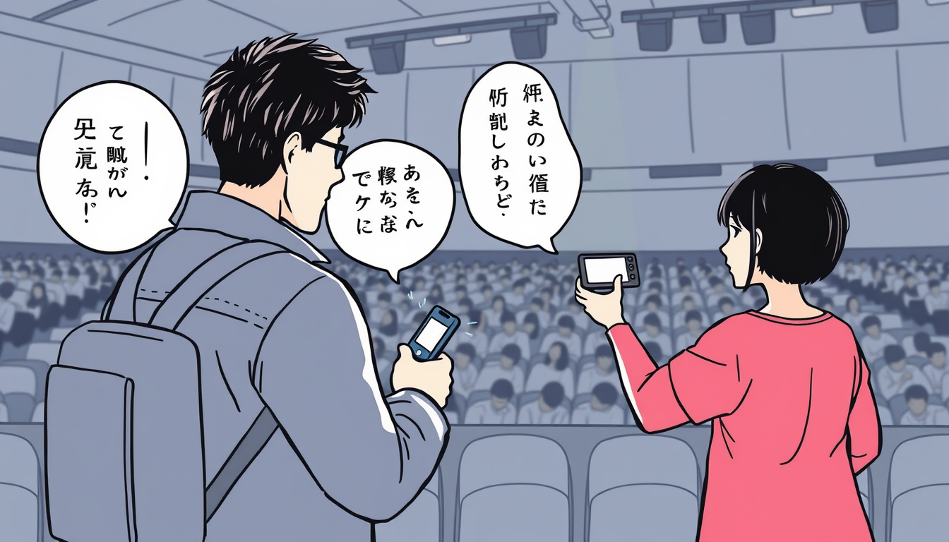 Main art studio: generate an image of simple manga style illustration for Japanese language learning, no speech bubbles, a person asking a security guard at a concert
