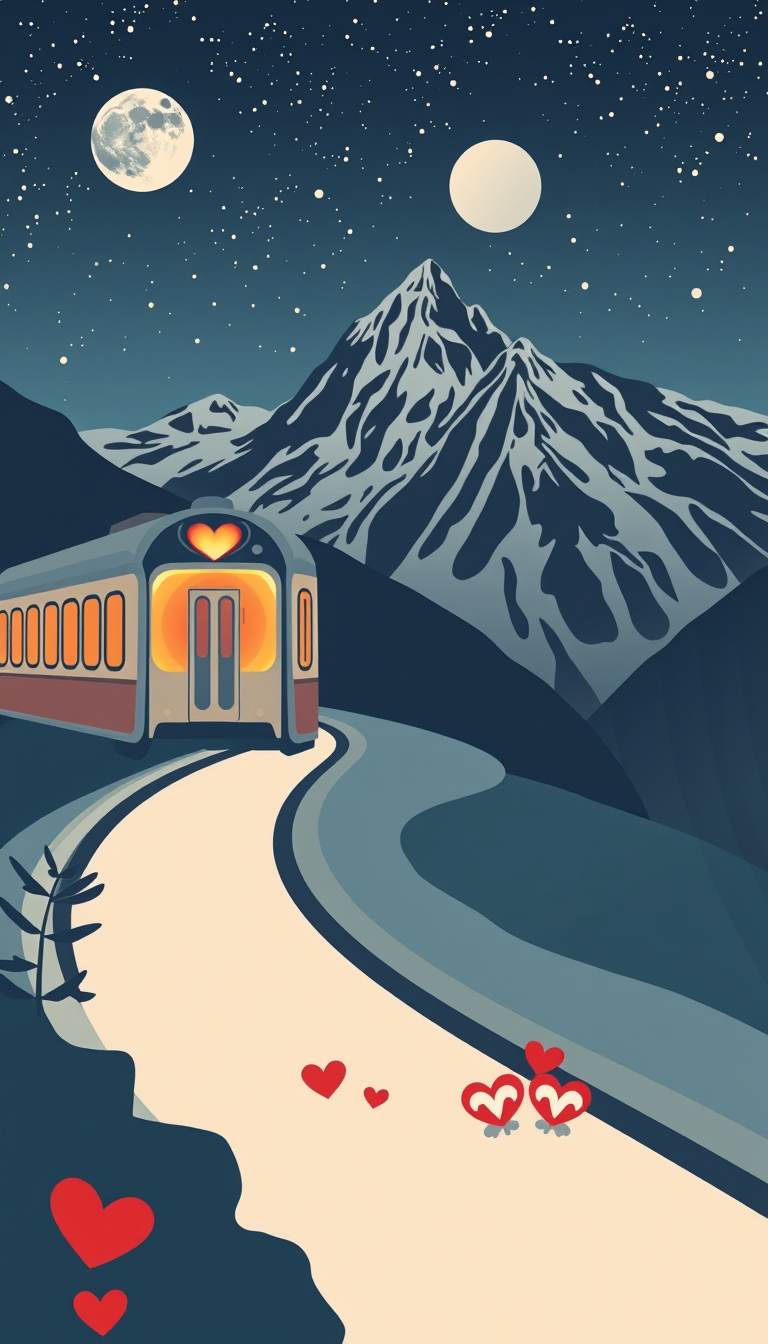 Main art studio: Elegantes romantisches A4-Geschenkposter im Hochformat, Thema: eine nächtliche Schlafzugreise nach Österreich. Ein wunderschöner nostalgischer Schlafw