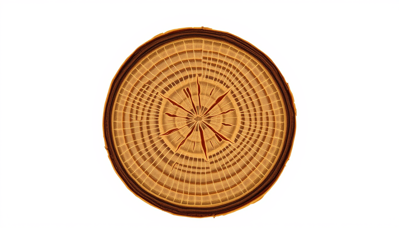 Main art studio: Coupe transversale circulaire (cross-section) d’une tige d’osier adulte (Salix viminalis), vue de face comme un disque de tige coupé perpendiculaireme
