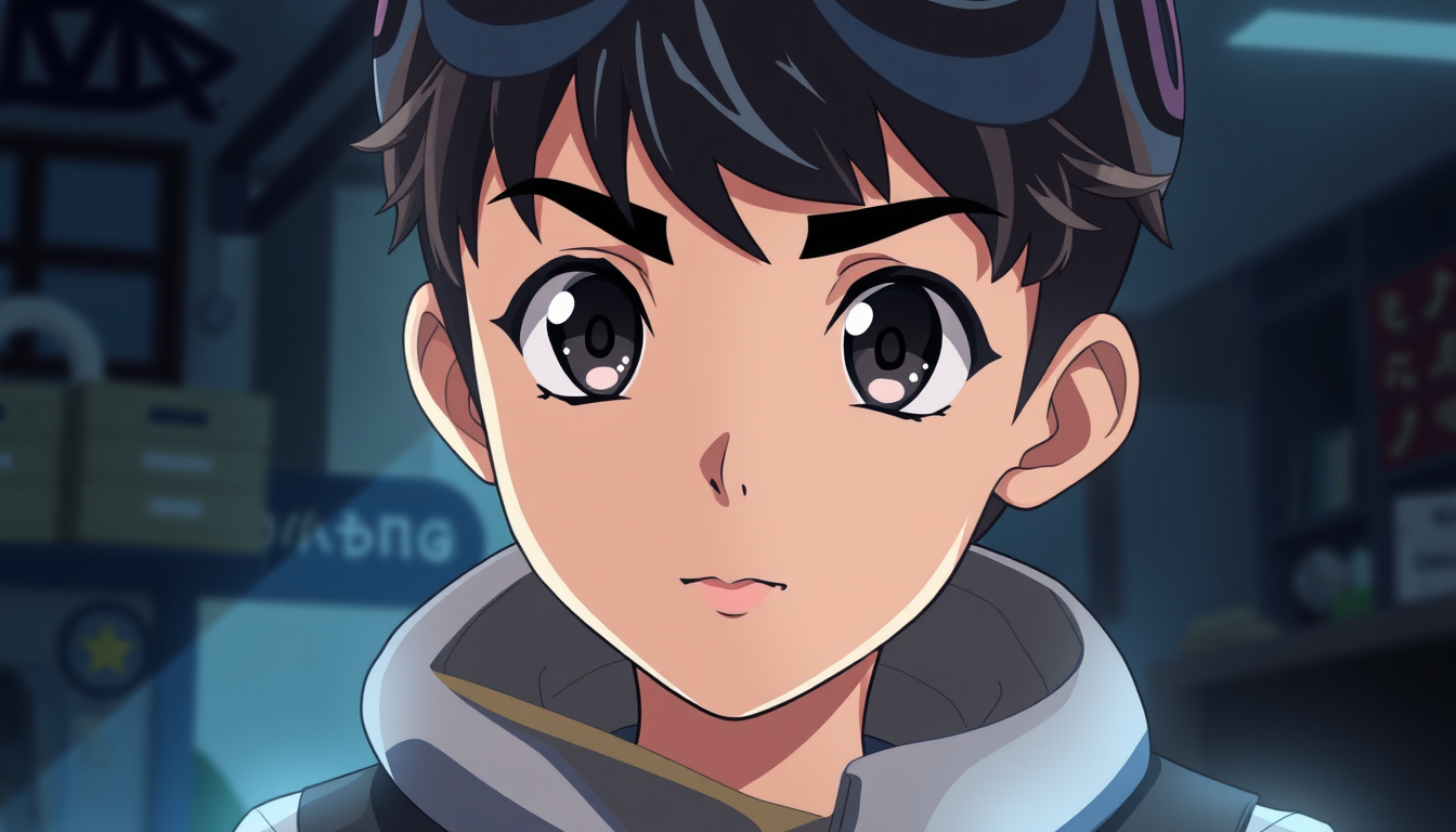 Main art studio: anime portrait of a young inventor, expressive eyes, soft lighting