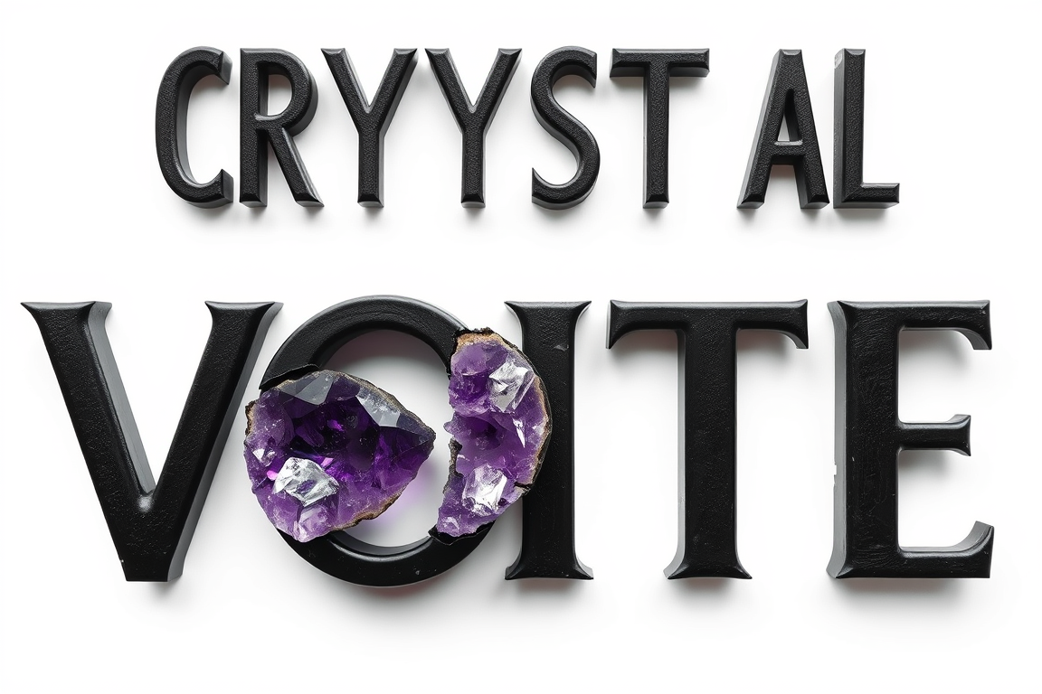 Main art studio: Create exact text “CRYSTAL VOTE”, all letters visible. CRYSTAL top, VOTE below shifted right. Black forged-metal 3D letters. ONE small outer corner is