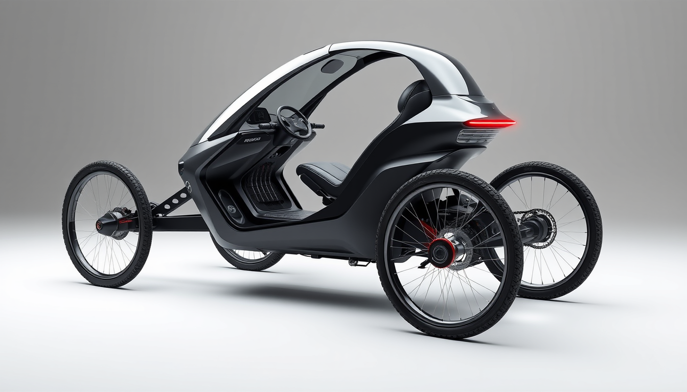 Main art studio: Realistic engineering render of a SINGLE-SEAT FOUR-WHEEL VELOMOBILE (quadricycle), NOT a car. Exactly 4 wheels: 2 front + 2 rear, all visible, indepen
