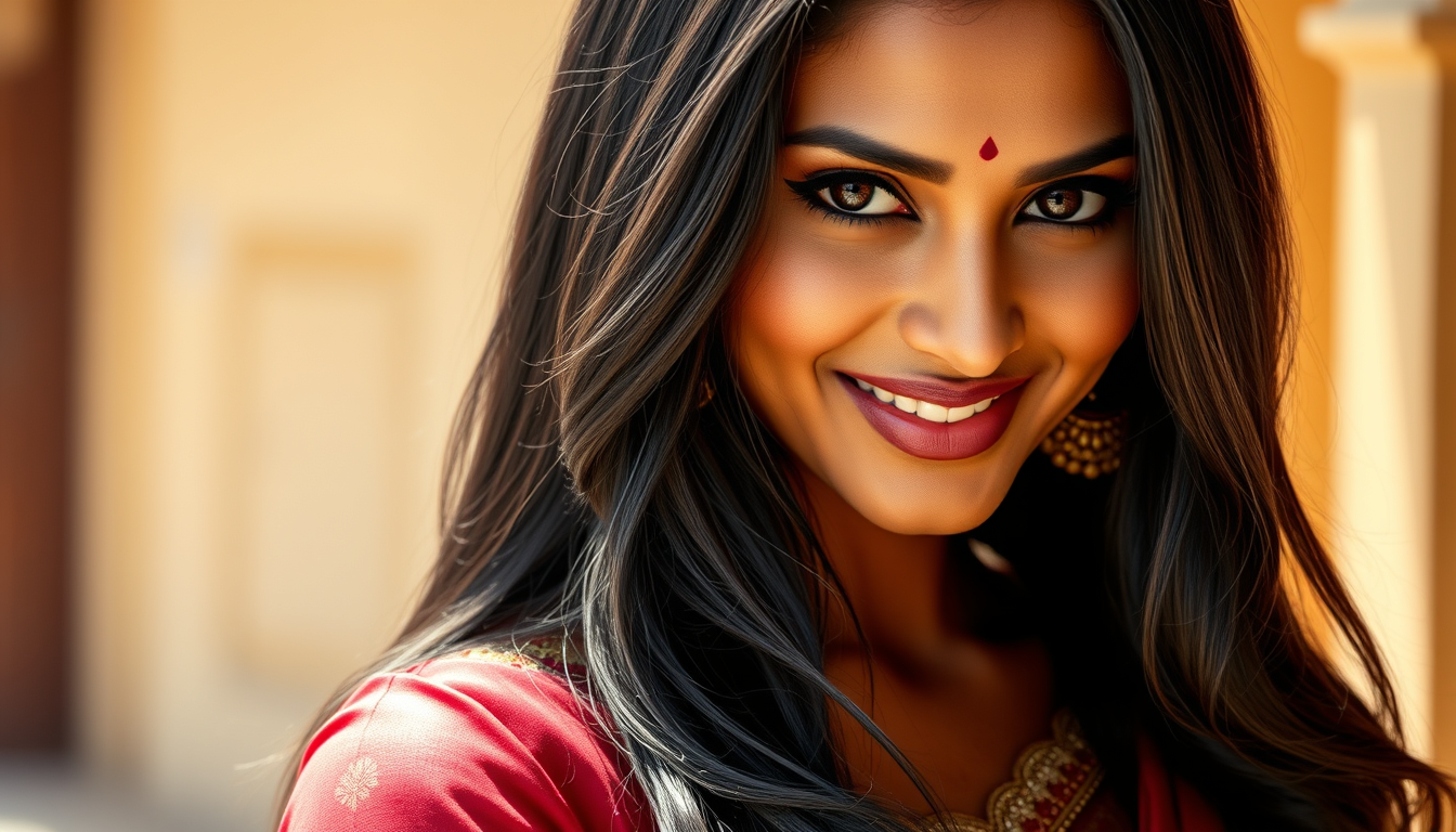 Main art studio: Ultra-realistic cinematic fashion photograph of a stunning adult Indian woman with captivating desi charm, expressive mischievous eyes, a confident te