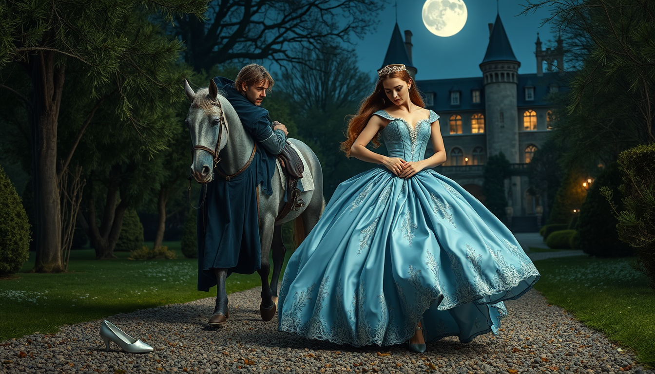 Main art studio: Realistic low-fantasy medieval garden at night. A handsome prince in a dark blue cloak carries a struggling princess toward a saddled gray horse benea