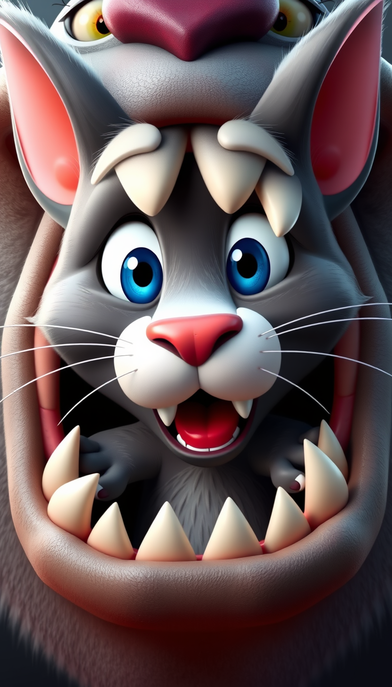 AI Art prompt example created from the prompt: Vertical 9:16 composition. My Talking Tom 2, the cute grey anthropomorphic cartoon cat with a white muzzle, big expressive blue eyes, pink i
