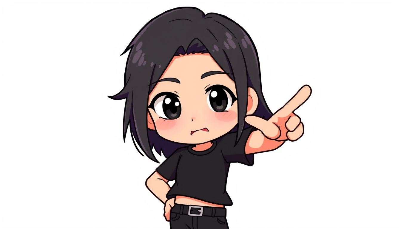 VTuber idea: vtuber avatar character, anime style, expressive face, streaming-ready design, i need vtuber black eyes black hair color and black shirt with black pa