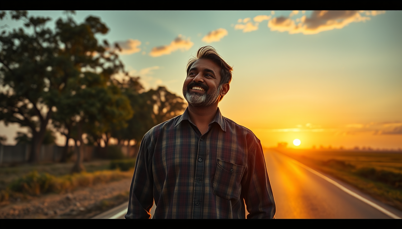 Main art studio: Same successful Indian man Aman standing on the same rural village road where he once found the black bag, looking toward the beautiful sunset with a