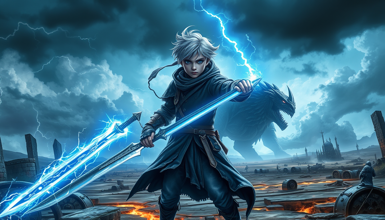 Main art studio: powerful young warrior with messy silver hair, glowing blue eyes, a dark fantasy coat, and a large glowing sword stands on a ruined medieval battlefie