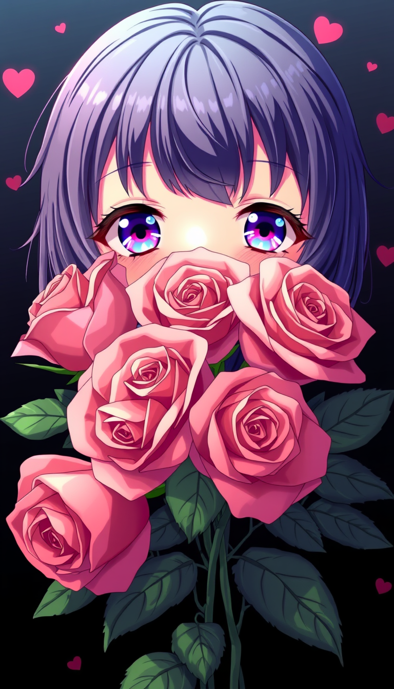 Anime idea: anime style, vibrant colors, expressive eyes, Bunch of roses in dark background only Rose , detailed anime illustration