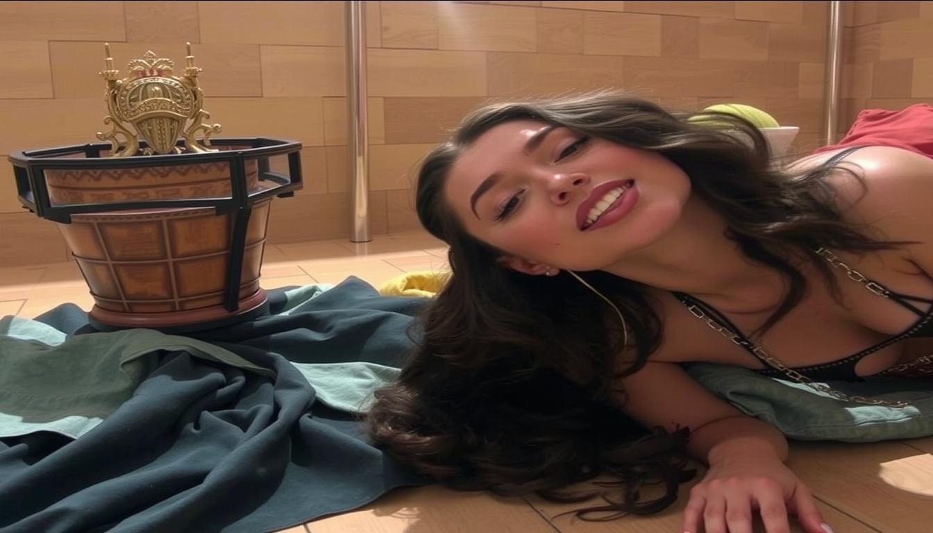 Main art studio: She wears a beautiful sheer see through skin revealing transparent clearly revealing bikini and kissing each other passionately and deeply tongue kiss