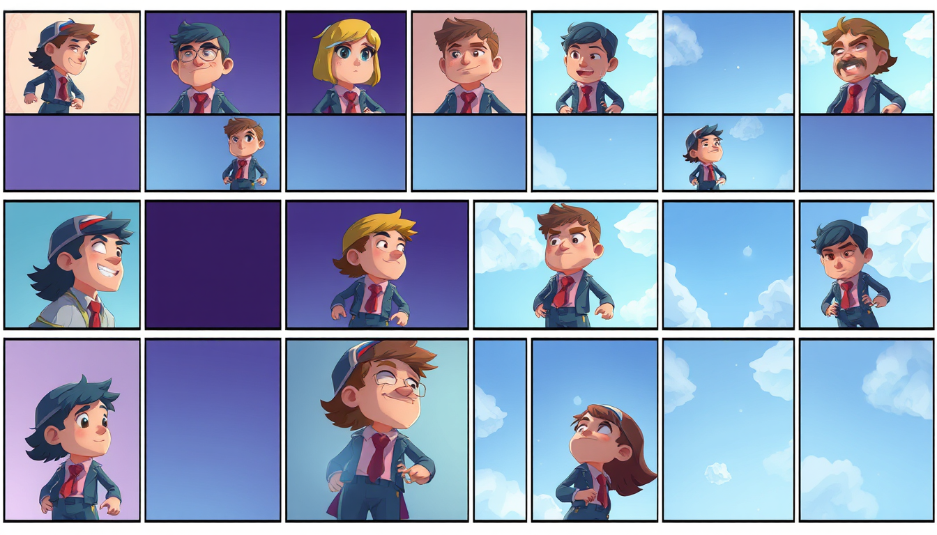 Sprite Sheet idea: a grid of animation frames sharing one character, scale, palette, and camera angle, deliberate composition, Создай спрайты персонажа для 2д игры с вид